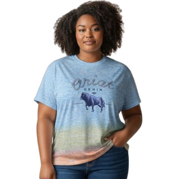 Ariat Denim Waterfall Ombre Short Sleeve Tee Womens Size XXL Rounded Neckline - Picture 1 of 6